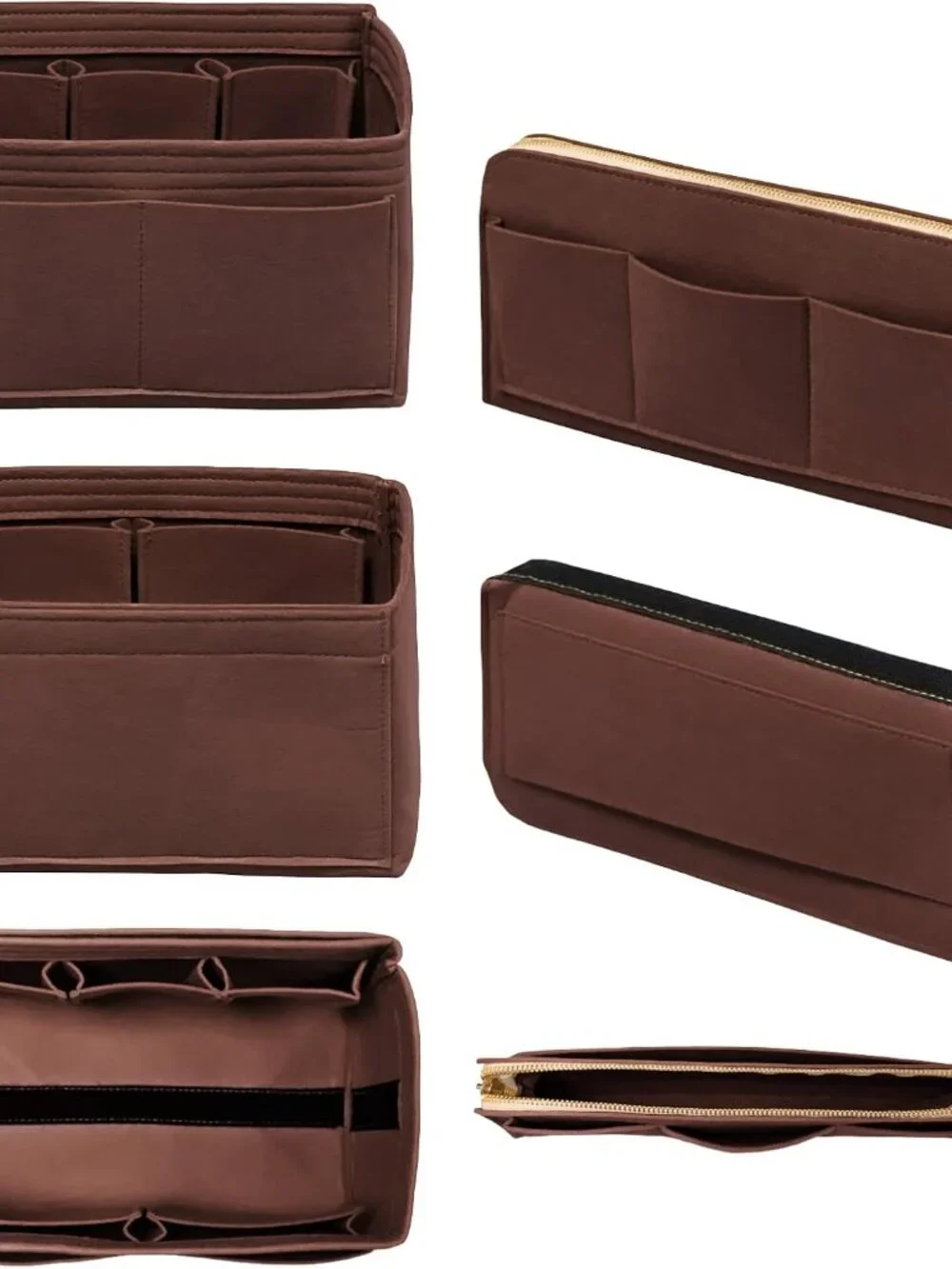 Felt Bag Organizer Insert with Zipper and Key Chain for Tote Purse - Brown Small - Picture 3 of 7